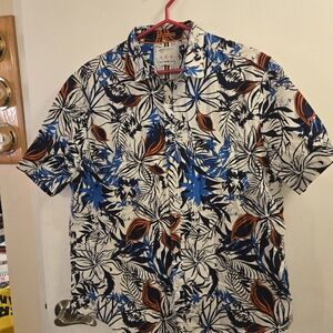 Floral Print Men's Shirt - Blue, Black, and Orange Slim Fit 100% Cotton Size XL
